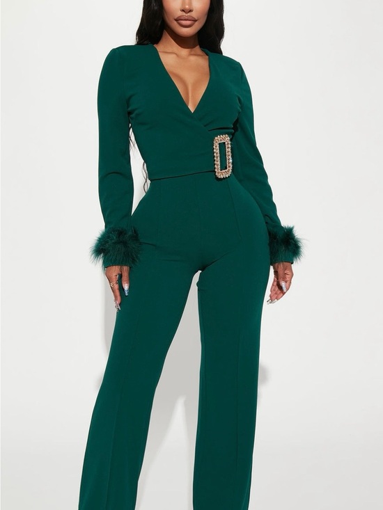 Fashion Nova Pants - Fashion Nova Emerald Green Faux-Fur Cuff Wide-Leg Jumpsuit